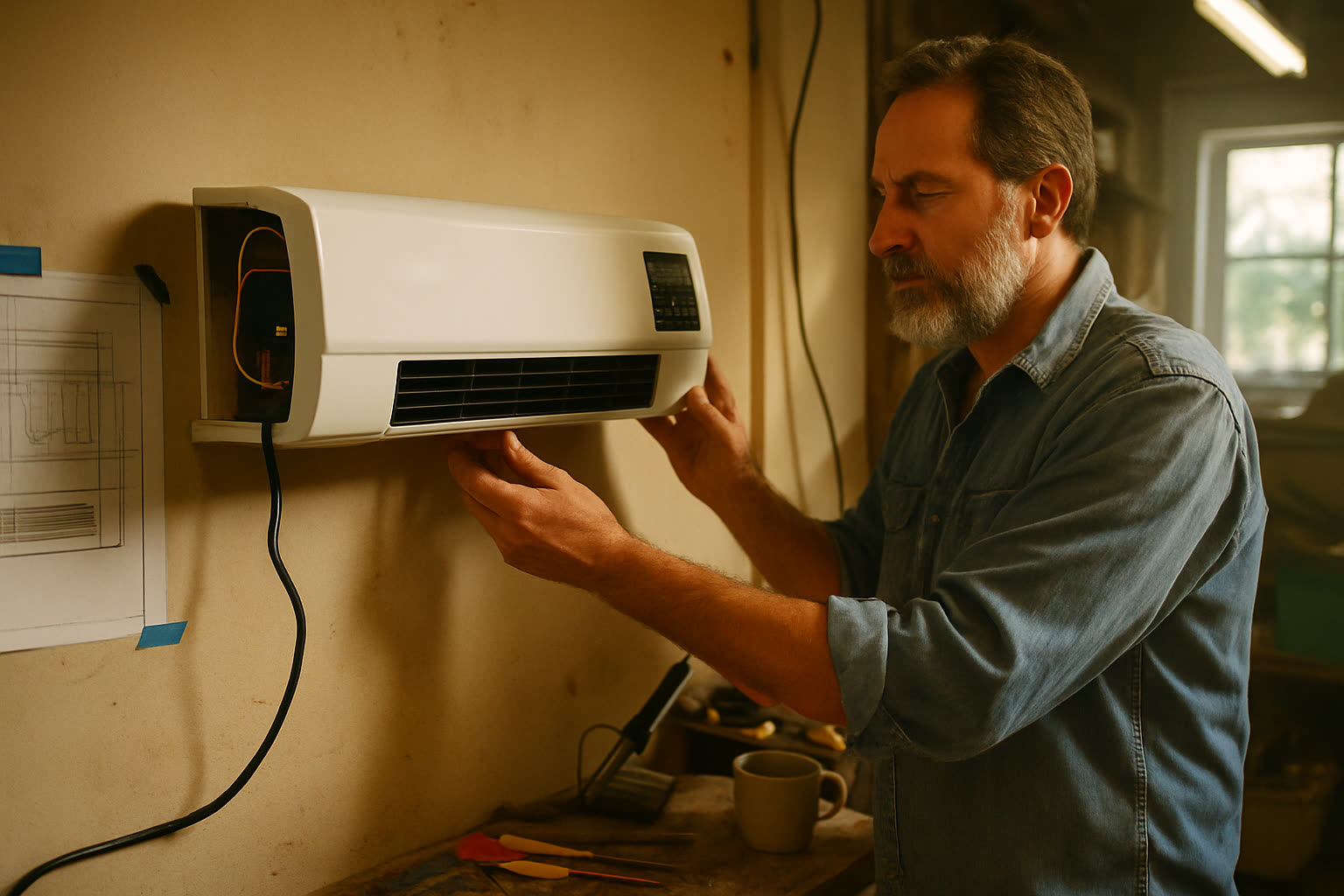 Daniel R., 47, with the VitalPro Breeze prototype mounted in his Phoenix garage.